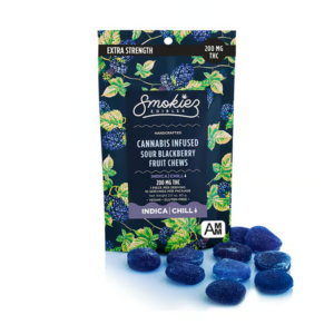 smokiez sour blackberry indica fruit chews.png
